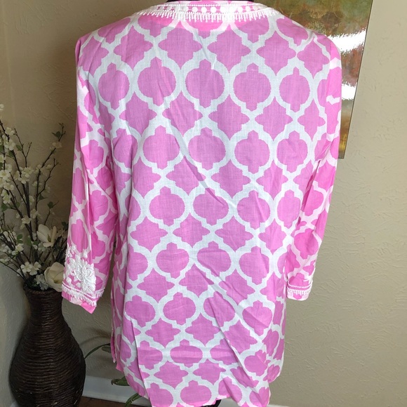 Talbots Beaded Pink White Tie Neck Tunic Blouse - Picture 10 of 10